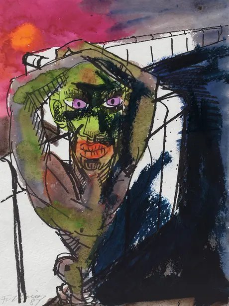 Rainer Fetting, Figur an der Mauer, 1987, Aquarell und Kreide, Blattmaß: 72 x 54 cm,
