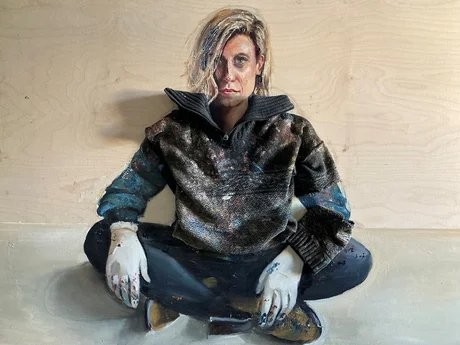 Kathrin Landa, Selbst auf Holz, Öl und Stoff auf Holz, 100x130cm