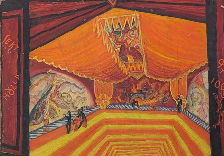 Cesar Klein, Raumentwurf „Sekthölle“ für das Künstlerfest „Maske und Palette“, 1914, Bleistift und Gouache auf Karton, Nachlass Cesar Klein