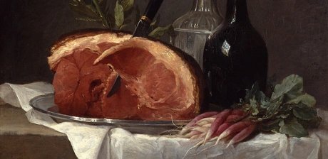 Anne Vallayer-Coster, Stillleben mit Schinken, Flaschen und Radieschen (Detail), 1767