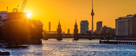 Berlin skyline with Spree river at sunset, Germany